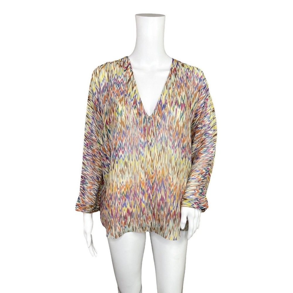 Rory Beca Silk Semi Sheer MultiColor Dolman Sleeve Tunic Top size Medium